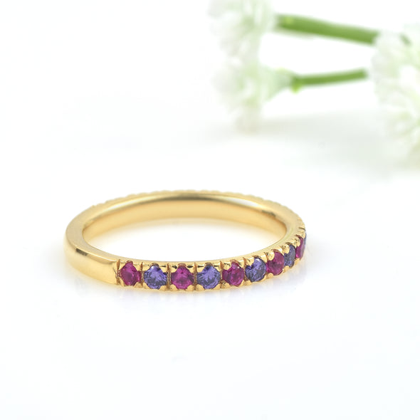 0.63 Carat Round Cut Ruby & Amethyst Eternity Ring 925 Sterling Silver Gold Plated
