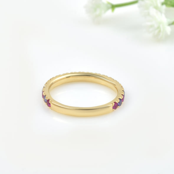 0.63 Carat Round Cut Ruby & Amethyst Eternity Ring 925 Sterling Silver Gold Plated