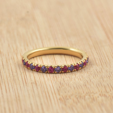 0.63 Carat Round Cut Ruby & Amethyst Eternity Ring 925 Sterling Silver Gold Plated