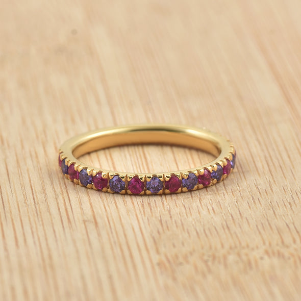 0.63 Carat Round Cut Ruby & Amethyst Eternity Ring 925 Sterling Silver Gold Plated