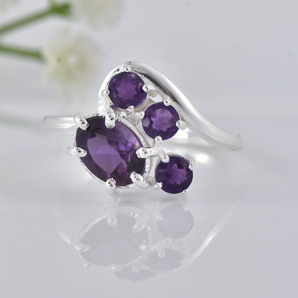2.50 Carat Oval Shape Amethyst Cluster Ring 925 Sterling Silver