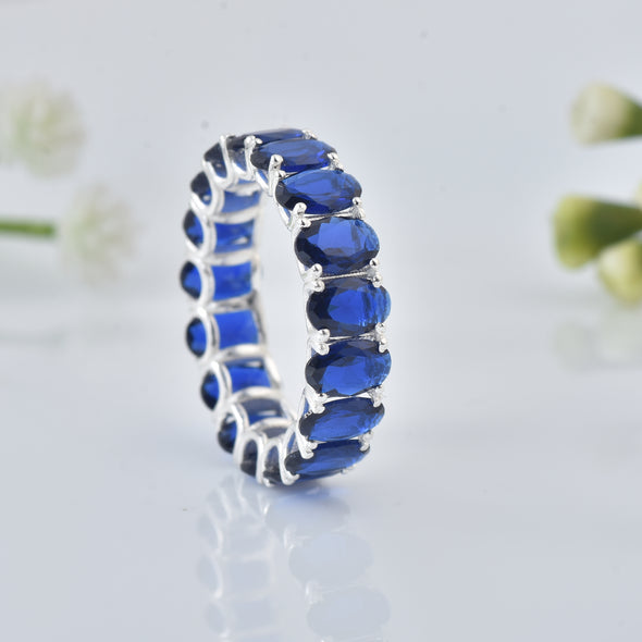 8.00 Ct Oval Blue Sapphire Eternity Band Ring 925 Sterling Silver