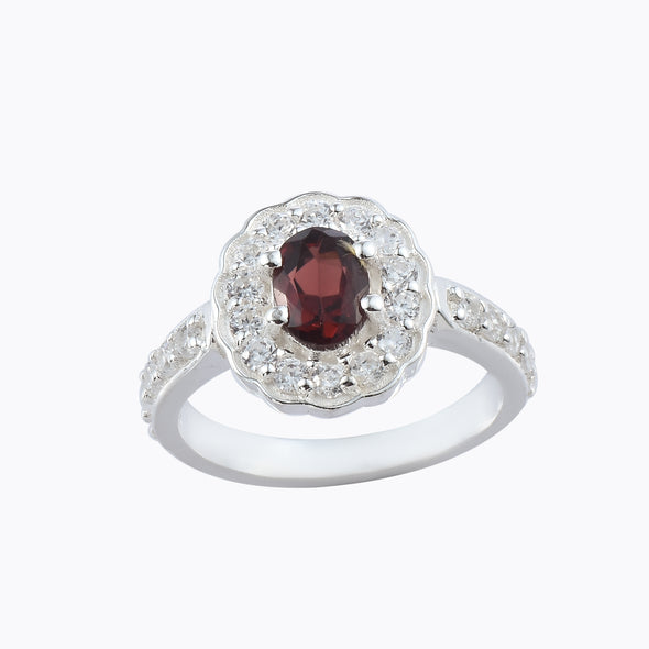 1.00 Ct Oval Rhodolite Garnet and CZ Halo Ring 925 Sterling Silver