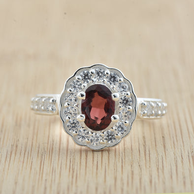 1.00 Ct Oval Rhodolite Garnet and CZ Halo Ring 925 Sterling Silver