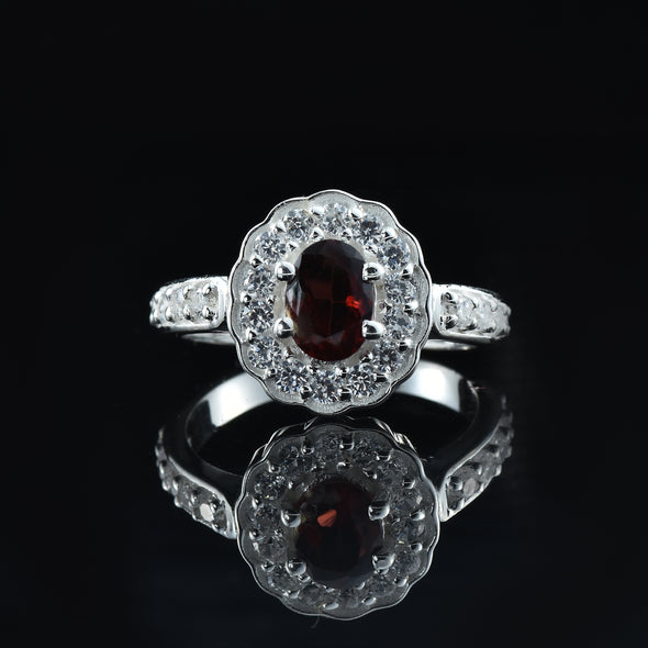 1.00 Ct Oval Rhodolite Garnet and CZ Halo Ring 925 Sterling Silver