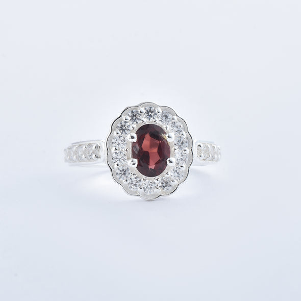 1.00 Ct Oval Rhodolite Garnet and CZ Halo Ring 925 Sterling Silver