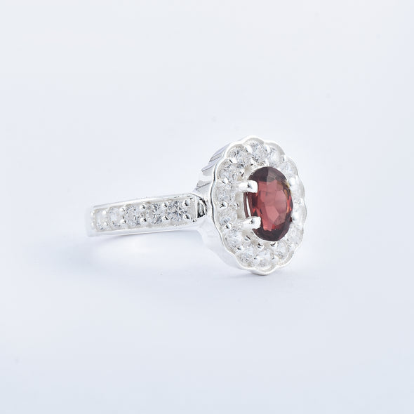 1.00 Ct Oval Rhodolite Garnet and CZ Halo Ring 925 Sterling Silver