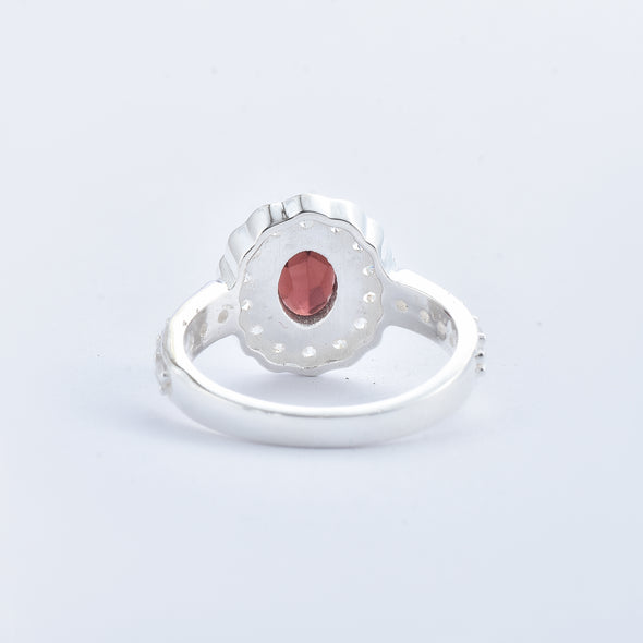 1.00 Ct Oval Rhodolite Garnet and CZ Halo Ring 925 Sterling Silver