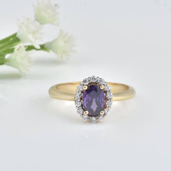 1.00 Ct Oval Shaepe Amethyst Halo Ring 925 Sterling Silver Gold Plated