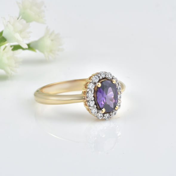 1.00 Ct Oval Shaepe Amethyst Halo Ring 925 Sterling Silver Gold Plated