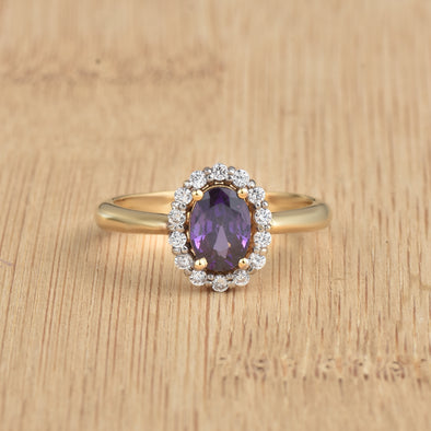 1.00 Ct Oval Shaepe Amethyst Halo Ring 925 Sterling Silver Gold Plated