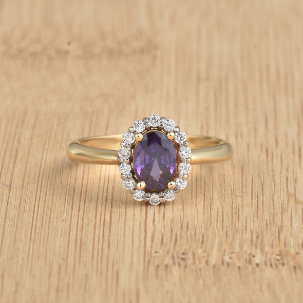 1.00 Ct Oval Shaepe Amethyst Halo Ring 925 Sterling Silver Gold Plated