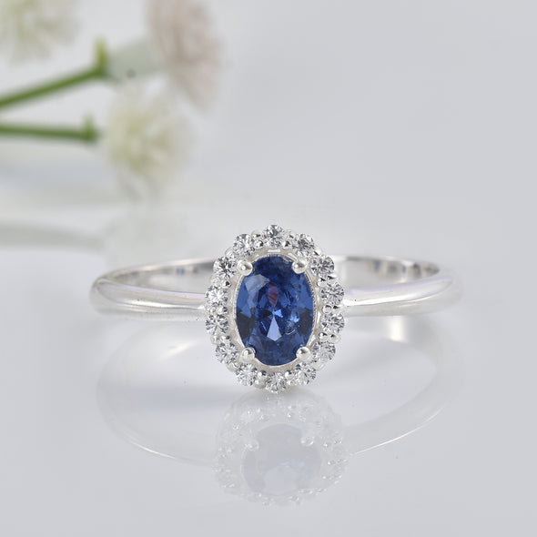 1.00 Ct Oval Shape Tanzanite Halo Ring 925 Sterling Silver