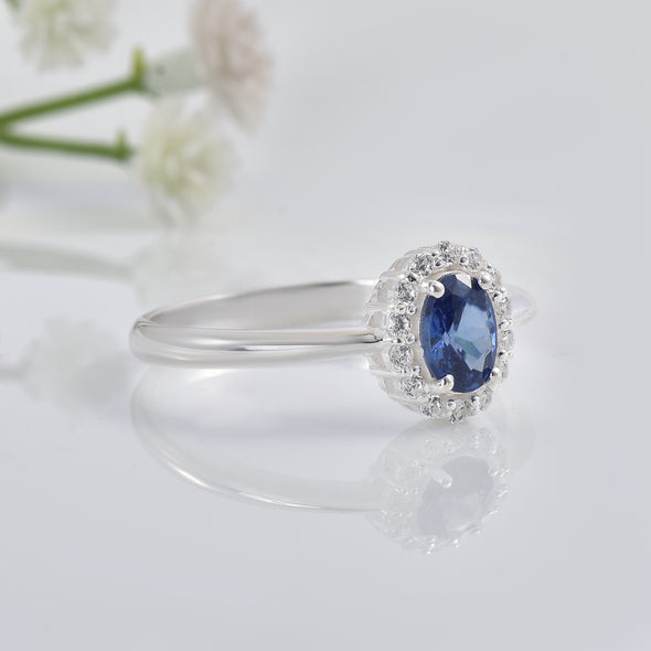 1.00 Ct Oval Shape Tanzanite Halo Ring 925 Sterling Silver