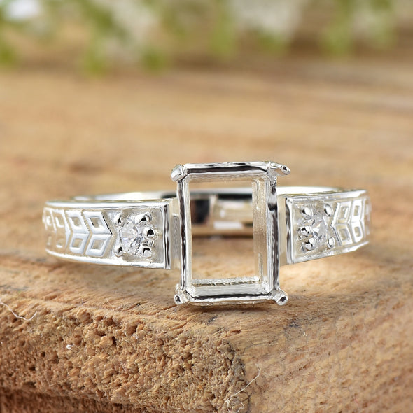 925 Sterling Silver 8x6MM Octagon Shape Semi Mount Ring