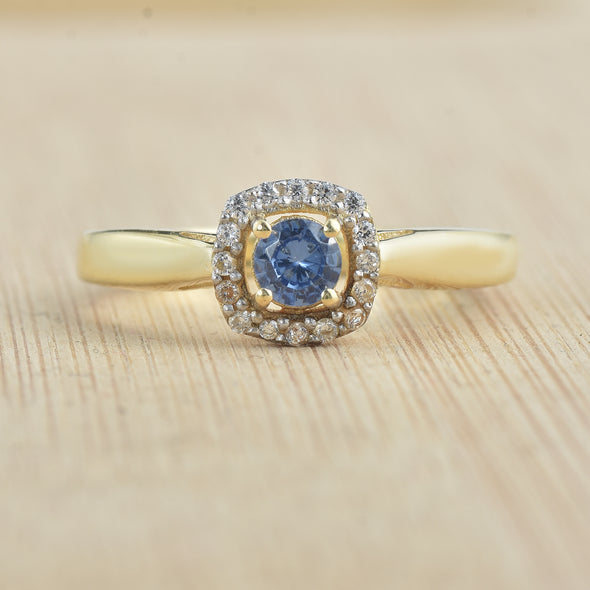 0.25 Ct Round Shape Tanzanite Halo Ring 925 Sterling Silver Gold Plated