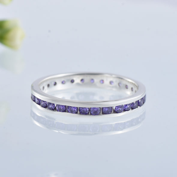 0.78 Ct Round Shape Amethyst Eternity Band Ring 925 Sterling Silver