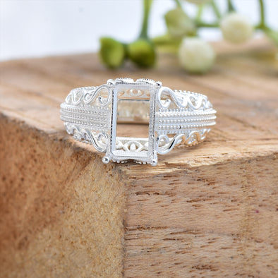925 Sterling Silver 10x6MM Octagon Shape Semi Mount Ring