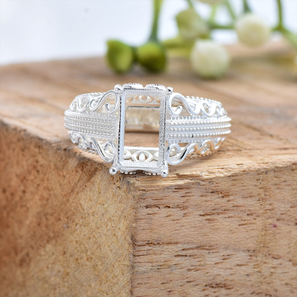 925 Sterling Silver 10x6MM Octagon Shape Semi Mount Ring