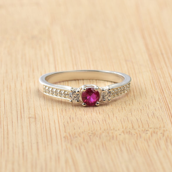0.25 Ct Round Shape Ruby Three Stone Ring 925 Sterling Silver