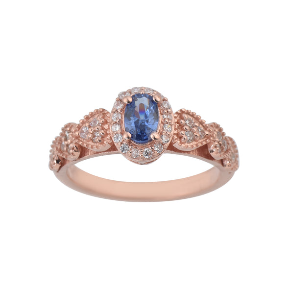 0.50 Ct Oval Shape Tanzanite Vintage Halo Ring 925 Sterling Silver Rose Plated