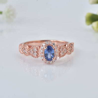 0.50 Ct Oval Shape Tanzanite Vintage Halo Ring 925 Sterling Silver Rose Plated