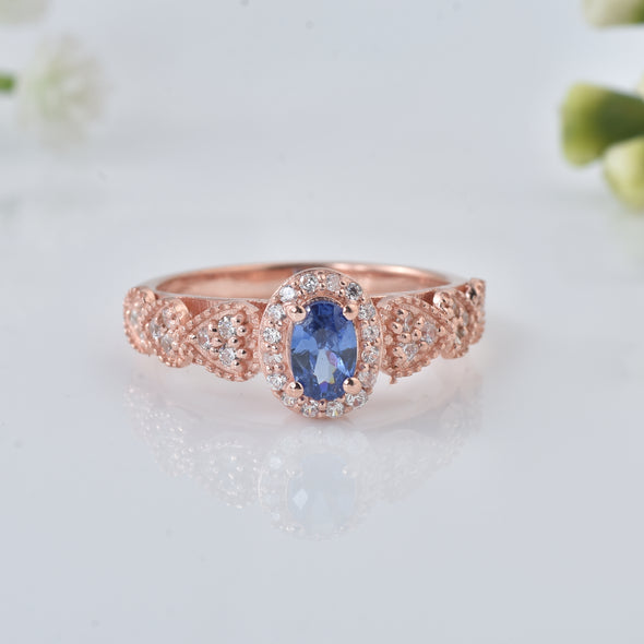 0.50 Ct Oval Shape Tanzanite Vintage Halo Ring 925 Sterling Silver Rose Plated