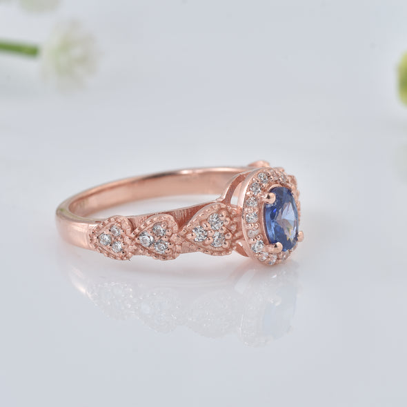 0.50 Ct Oval Shape Tanzanite Vintage Halo Ring 925 Sterling Silver Rose Plated