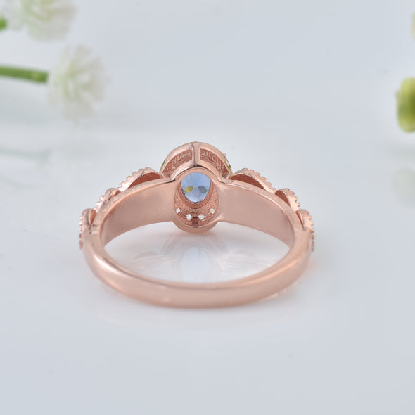 0.50 Ct Oval Shape Tanzanite Vintage Halo Ring 925 Sterling Silver Rose Plated