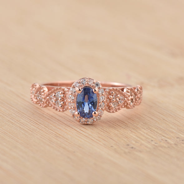 0.50 Ct Oval Shape Tanzanite Vintage Halo Ring 925 Sterling Silver Rose Plated