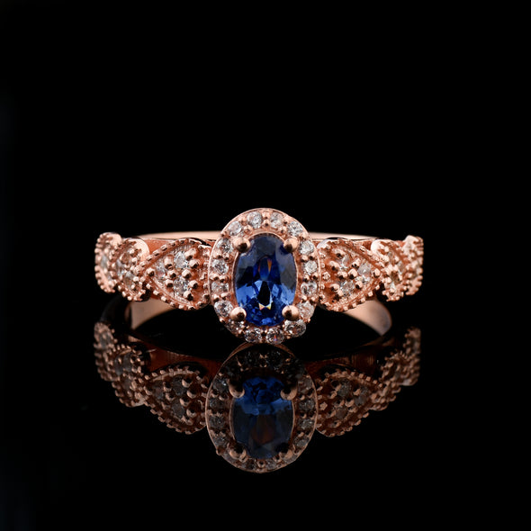 0.50 Ct Oval Shape Tanzanite Vintage Halo Ring 925 Sterling Silver Rose Plated