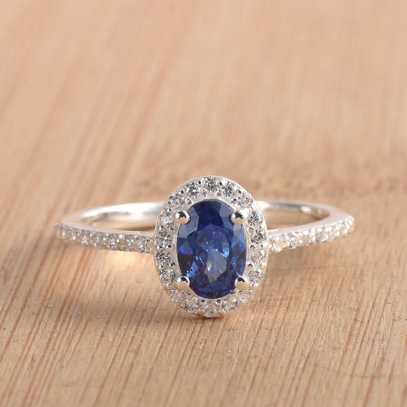 1.00 Ct Oval Shape Tanzanite Halo Ring 925 Sterling Silver