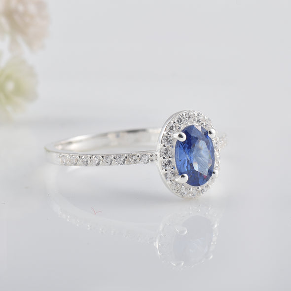 1.00 Ct Oval Shape Tanzanite Halo Ring 925 Sterling Silver