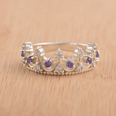 0.54 Ct Round Amethyst Crown Ring 925 Sterling Silver