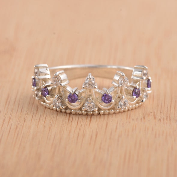 0.54 Ct Round Amethyst Crown Ring 925 Sterling Silver