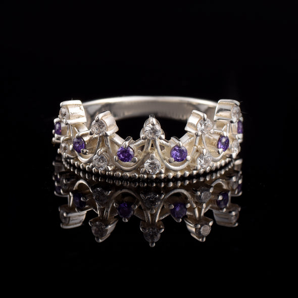 0.54 Ct Round Amethyst Crown Ring 925 Sterling Silver