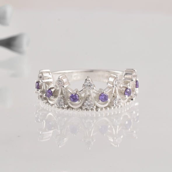 0.54 Ct Round Amethyst Crown Ring 925 Sterling Silver