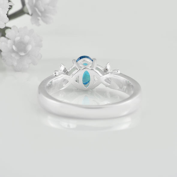 0.50 Ct Oval Shape London Blue Topaz Vine Leaf Ring 925 Sterling Silver