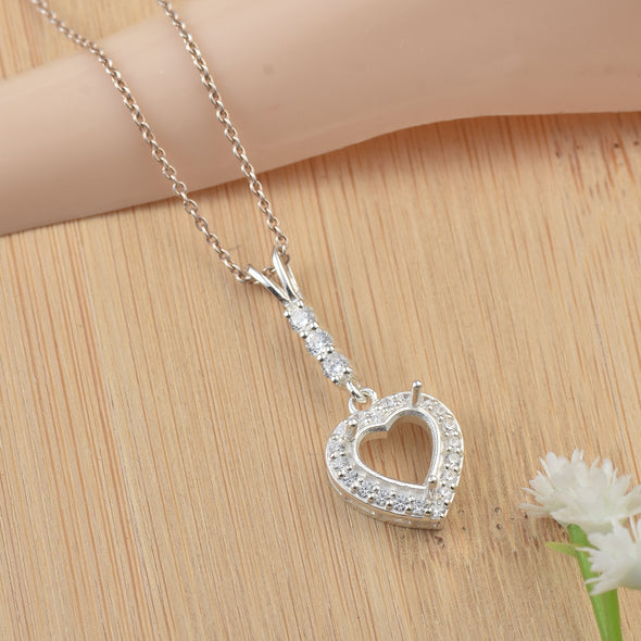 8x8MM Semi-Mount Heart Pendant CZ Accent Love Necklace - 925 Sterling Silver