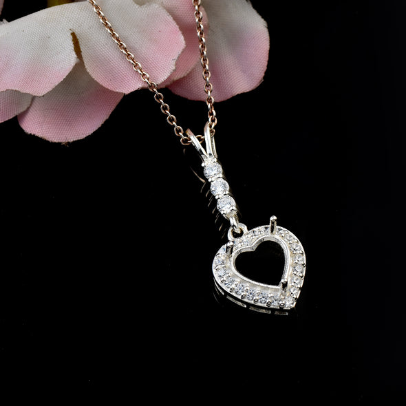 8x8MM Semi-Mount Heart Pendant CZ Accent Love Necklace - 925 Sterling Silver