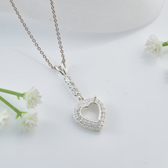 8x8MM Semi-Mount Heart Pendant CZ Accent Love Necklace - 925 Sterling Silver