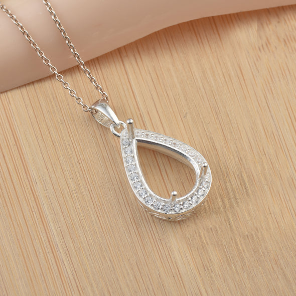 5x10MM Pear Halo Drop Semi-Mount Pendant - 925 Sterling Silver