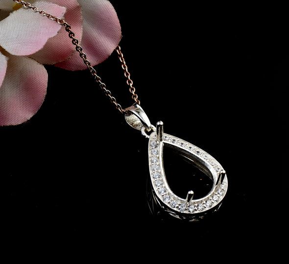 5x10MM Pear Halo Drop Semi-Mount Pendant - 925 Sterling Silver