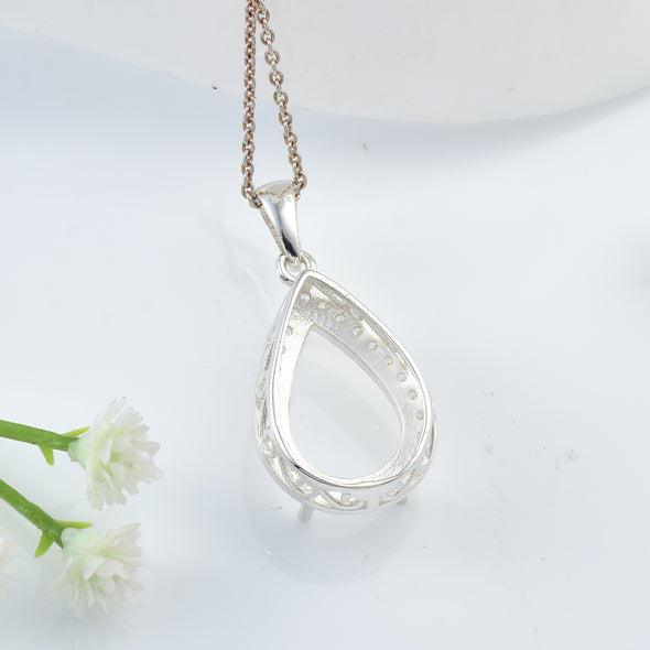 5x10MM Pear Halo Drop Semi-Mount Pendant - 925 Sterling Silver