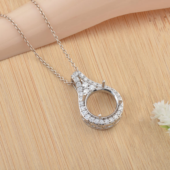 11x11MM Round Halo & V-Bail Drop Design Semi-Mount Pendant - 925 Sterling Silver