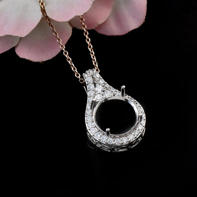 11x11MM Round Halo & V-Bail Drop Design Semi-Mount Pendant - 925 Sterling Silver