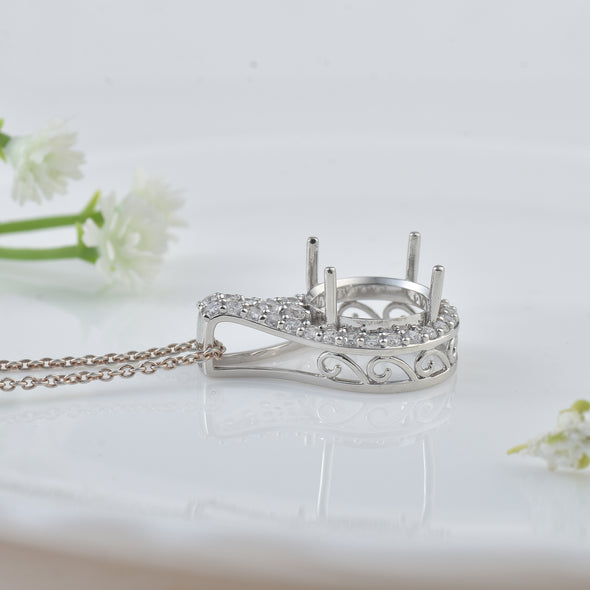 11x11MM Round Halo & V-Bail Drop Design Semi-Mount Pendant - 925 Sterling Silver