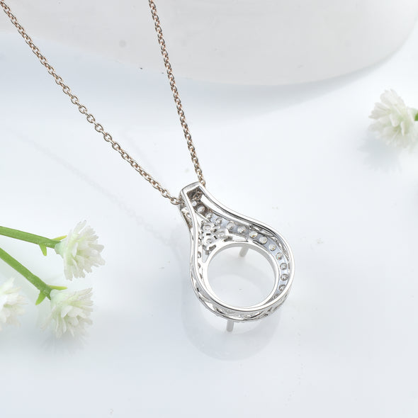 11x11MM Round Halo & V-Bail Drop Design Semi-Mount Pendant - 925 Sterling Silver