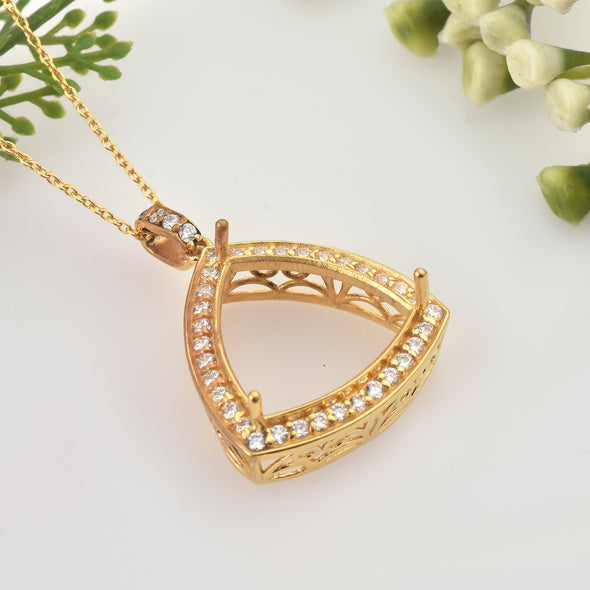 9.50x19.50MM Trillion Halo Semi-Mount Pendant - 925 Sterling Silver Gold-Plated