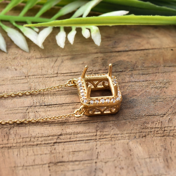 10x8MM Octagon Halo Semi-Mount Pendant - Gold-Plated Sterling Silver